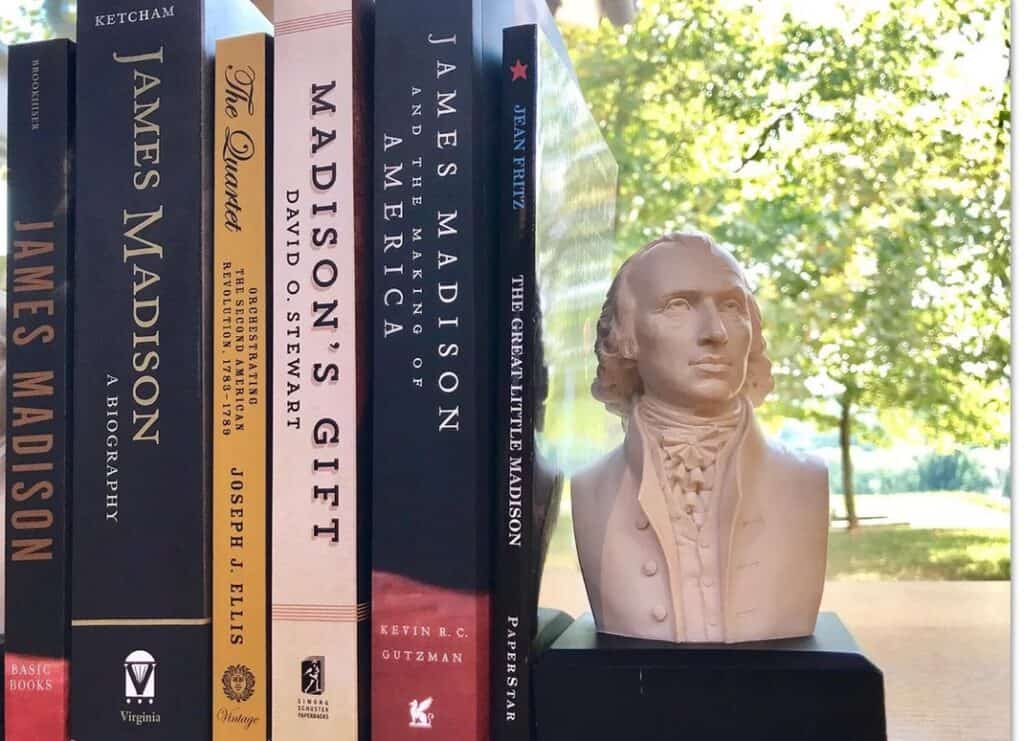 Close up of Jame's Madison bust and books at the Montpelier Museum Shop